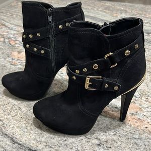 G by Guess Deeka Gold Studded Black Suede 5” Heeled Boots